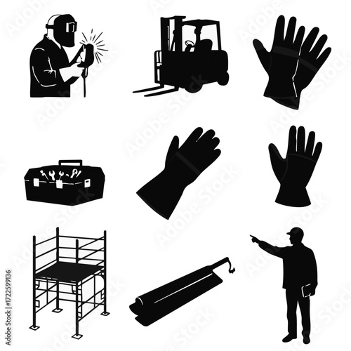 A comprehensive collection of industrial and construction worker silhouettes showcasing essential tools, safety gear, and heavy machinery for various labor tasks.