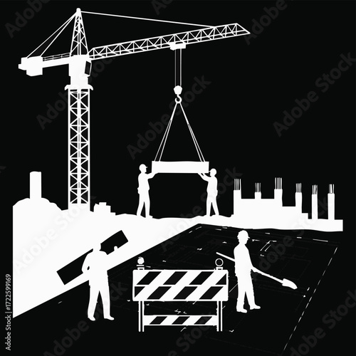 A dynamic silhouette illustration portrays a bustling construction site with a towering crane and diligent workers actively engaged in building a new structure.