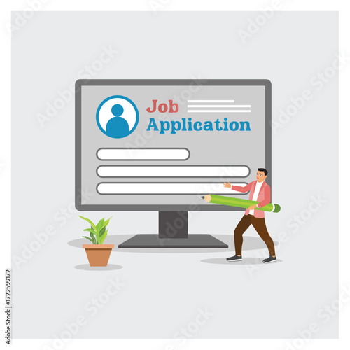 Businessman Hold Giant Pencil Fill in Computer Job Application Form.