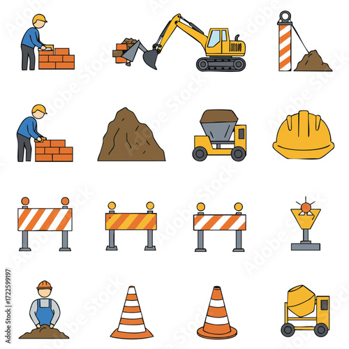 A comprehensive collection of flat design construction icons illustrating various aspects of building, safety, and heavy machinery operations.