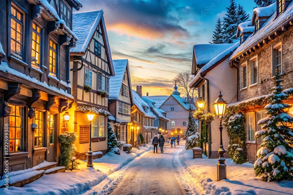Obraz premium Picturesque European Village Street in Winter with Snow- Covered Half- Timbered Houses image photo