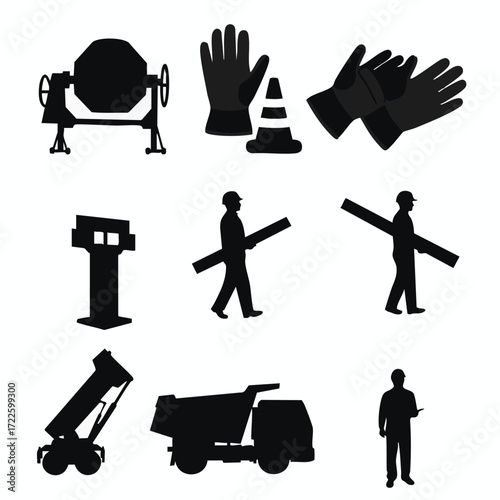 A comprehensive collection of essential construction industry silhouettes, showcasing various workers, heavy equipment, and safety gear vital for building projects.