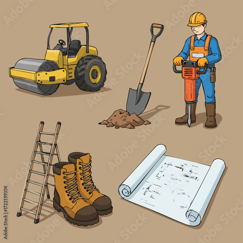 This vibrant illustration presents a complete set of construction essentials, featuring heavy machinery, worker tools, protective gear, and detailed blueprints.