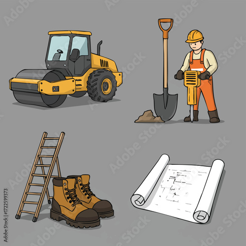 Visual representation of construction site elements: road roller, worker with jackhammer, safety boots, ladder, and architectural blueprints.