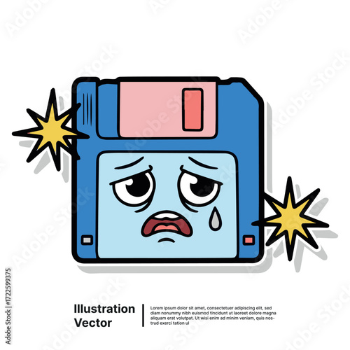 Sad Floppy Disk Cartoon Character with Tears for Vintage Technology Nostalgia
