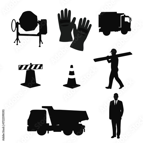 A versatile vector set of construction industry silhouettes, including workers, heavy equipment, safety gear, and a supervisor, all presented as distinct icons.