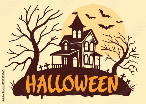 Spooky Halloween Scene with Haunted House Silhouetted Trees Bats and a Full Moon with the Word Halloween Keywords: Halloween, haunted house, spooky, scary, night, bats, full moon, trees, graveyard