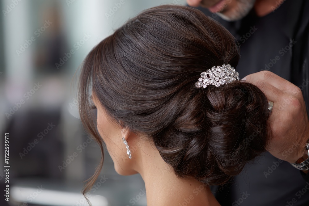 Fototapeta premium Elegant updo hairstyle being styled with a sparkling hair piece. Perfect for beauty, fashion, wedding and hairstyling industry.