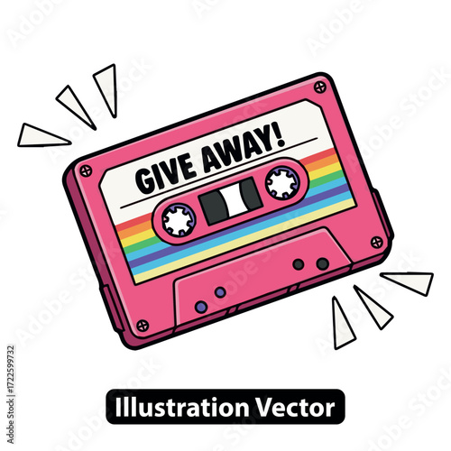 Retro pink audio cassette tape with 'GIVE AWAY!' text and rainbow detail, pop art style