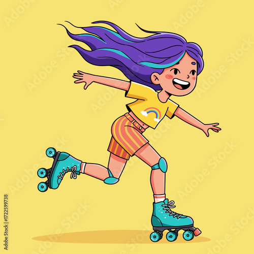 A smiling person with flowing purple hair roller skating in rainbow-themed clothes, arms outstretched—full of motion, joy, and playful energy.