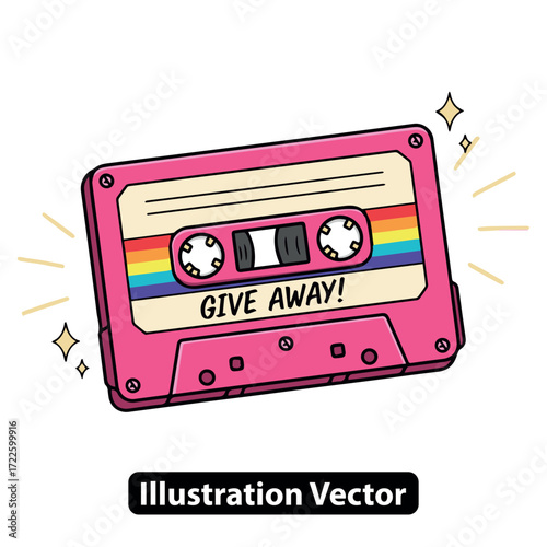 Retro 80s Pink Cassette Tape with Rainbow Stripes and "Give Away!" Text, Retro Vibes