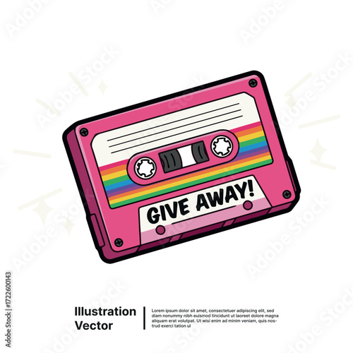 Pink cassette tape illustration with a rainbow design, perfect for retro music and giveaways
