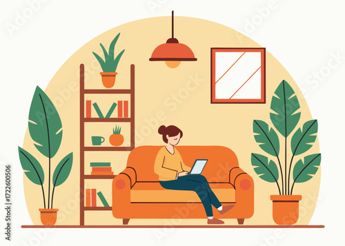 Woman working on laptop on sofa surrounded by plants and bookshelves in a cozy room computer home