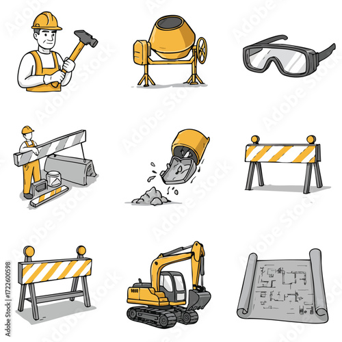 A comprehensive collection of hand-drawn construction icons, featuring workers, heavy machinery, safety gear, and architectural plans for industrial projects.