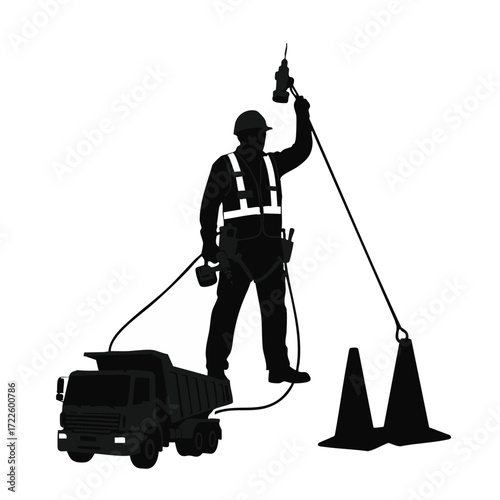 A graphic silhouette depicts a worker in safety gear on a dump truck, operating a tool, with ropes connecting to traffic cones, illustrating an unusual industrial task.