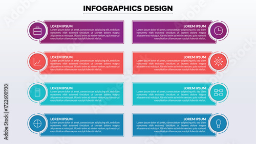 Versatile 8-point comparison infographic organized in two columns, offering an editable vector template for listing product features, services, or side-by-side data analysis