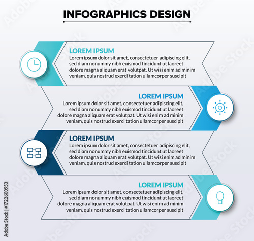 Modern 4-step process flow infographic using chevron arrow shapes, creating a dynamic and editable vector template for project milestones, workflow diagrams, or business growth