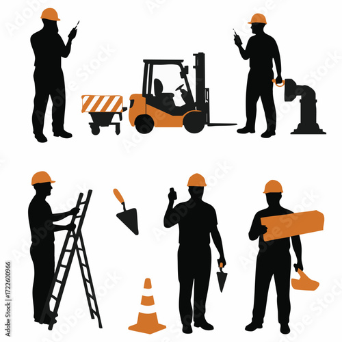 A detailed set of construction worker silhouettes, essential tools, and heavy equipment, illustrating various aspects of building, repair, and industrial labor.