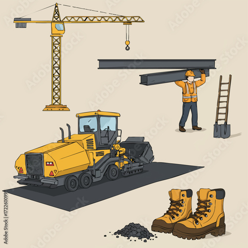 Construction site elements: yellow crane, road paver, worker, steel beams, and safety boots, symbolizing heavy industry and urban progress.
