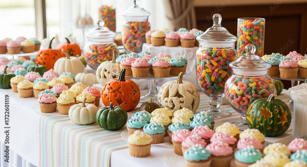 Fototapeta premium Dessert table featuring cupcakes candy jars and carved pumpkins in various colors
