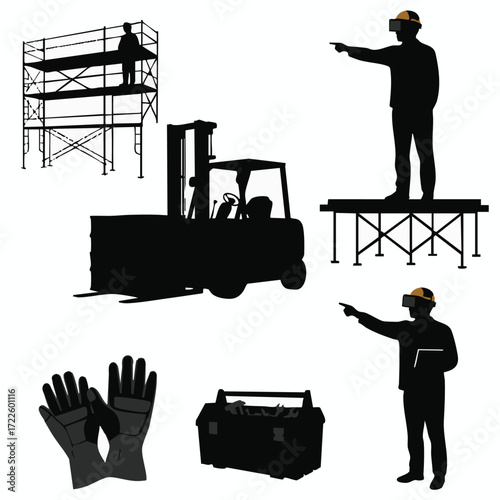 Modern industrial and construction safety, featuring workers, machinery, and augmented reality for efficient site management.