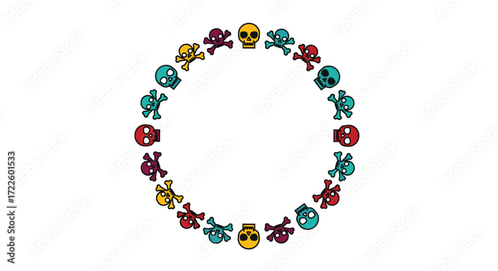 Fototapeta premium A circular arrangement of colorful pixelated skulls and crossbones creating a festive yet macabre border.