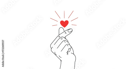 This iconic finger heart gesture symbolizes affection and love with a radiating heart above the thumb and index finger.