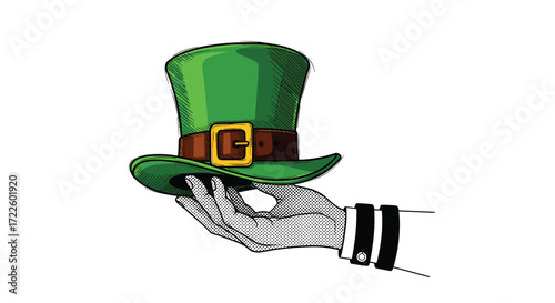 A hand holds a green leprechaun hat adorned with a buckle symbolizing Irish luck and folklore.