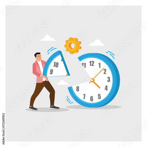 Expertise Concept. Businessman Struggles to Push a Large Clock as Time Gear Breaks Free.
