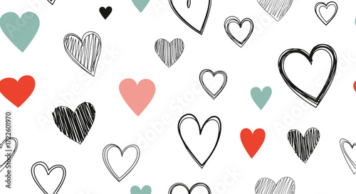 A delightful collection of hand drawn hearts in various styles and colors.