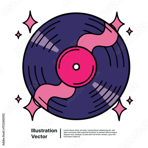 Vintage Vinyl Record Illustration A Retro Design with Pink Accents and Sparkling Details