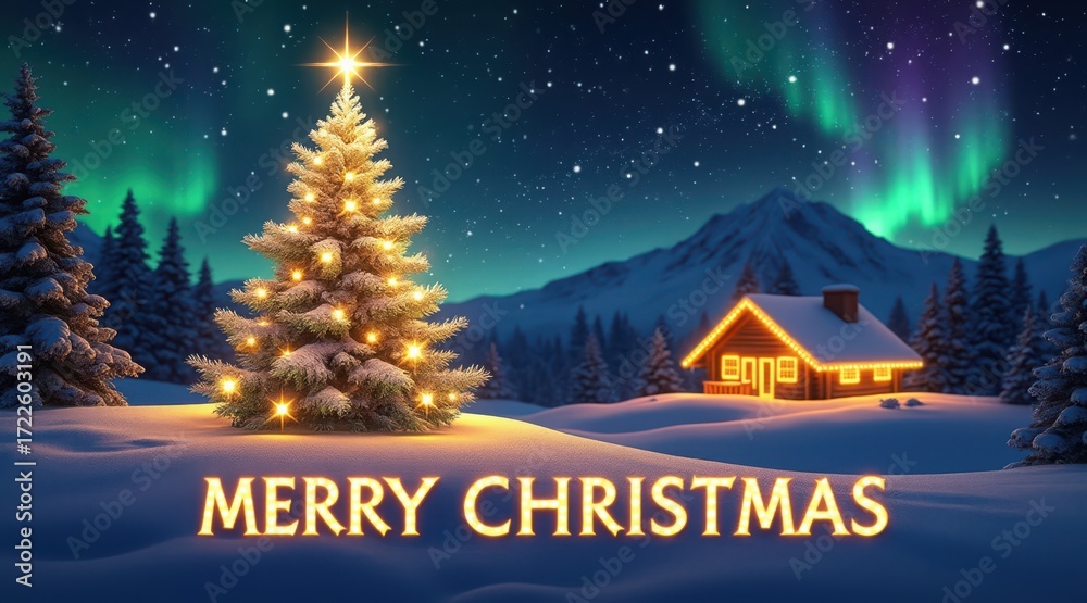 Fototapeta premium Magical christmas scene with a glowing tree, cozy cabin, and aurora borealis under a starry sky