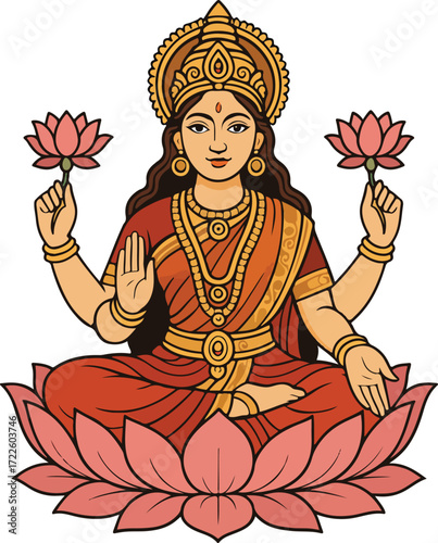Elegant Digital Drawing of Goddess Laxmi on a Plain Background