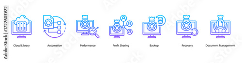 Cloud Efficiency web banner vector illustration featuring Cloud Library, Automation, Performance, Profit Sharing, Backup, Recovery, and Document Management.