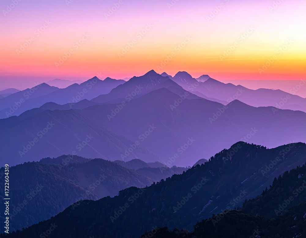 Fototapeta premium Majestic Mountain Range Layers Under Vibrant Sunset Sky with Purple and Orange Hues and Detailed Peaks in a Wide Angle Landscape