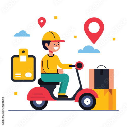 Friendly delivery person riding a red scooter with packages and navigation pins indicating a fast and efficient shipping service