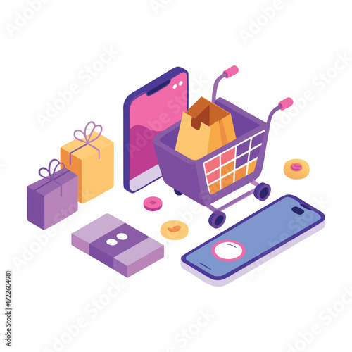 Online shopping concept with a smartphone shopping cart full of groceries gift boxes and shopping bags in a modern isometric illustration style