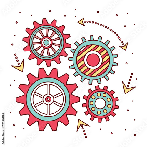 Abstract illustration of interconnected gears and arrows symbolizing a dynamic process mechanical system or teamwork in a colorful hand drawn style