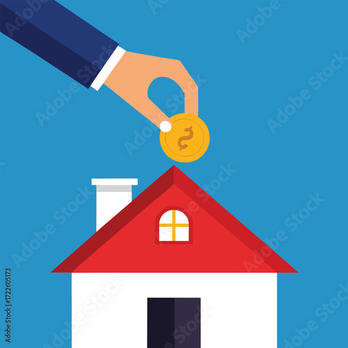 Hand placing a golden coin with the currency symbol into the roof of a stylized house representing savings and investment for home ownership and financial growth