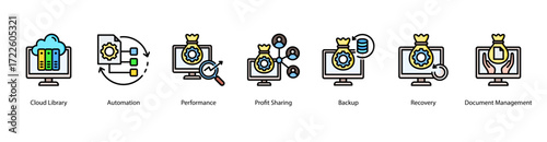 Cloud Efficiency web banner vector illustration featuring Cloud Library, Automation, Performance, Profit Sharing, Backup, Recovery, and Document Management.