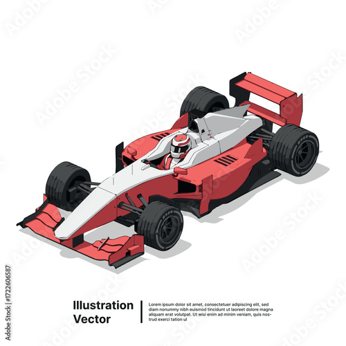 Dynamic isometric vector illustration of a high-performance formula race car with a driver, expertly designed for speed and thrilling competition on a pristine white background
