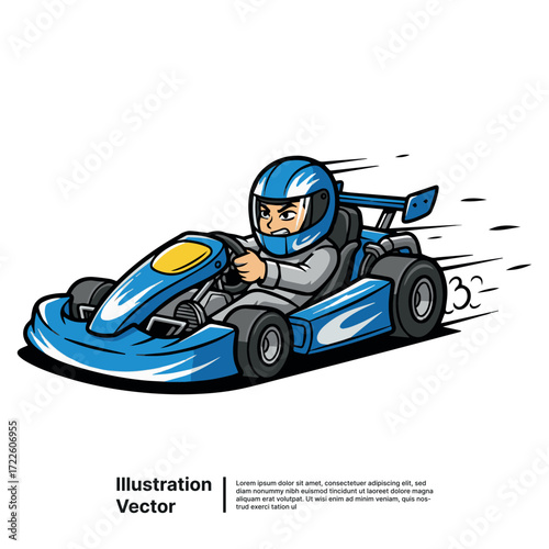 Cartoon illustration of a kart racer driving a blue kart with speed streaks and a determined face