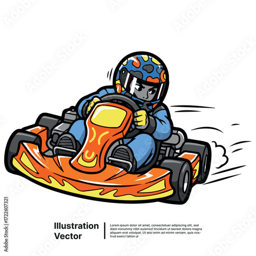 Adrenaline-fueled cartoon racer in a vibrant go-kart competing in a high-speed race