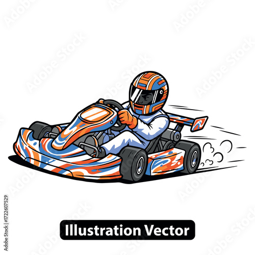 Illustration of a Person Driving a Go-Kart with a Distinctive Orange and Blue Design on a White Background