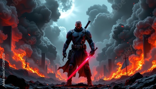 An individual standing amidst flames and fire, set against the backdrop of a dilapidated cityscape with a dark, ominous sky
