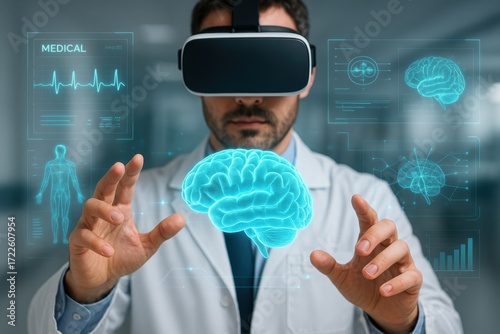 VR Doctor's Augmented Reality: A focused medical professional uses virtual reality to study a 3D human brain model, symbolizing the forefront of medical technology and innovation in healthcare. 