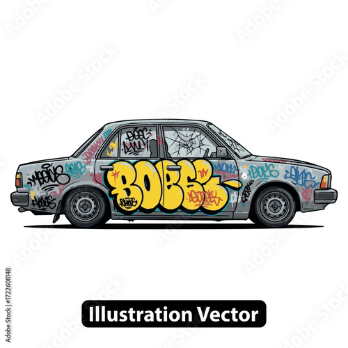 Graffiti-covered sedan with broken windows parked in an urban environment