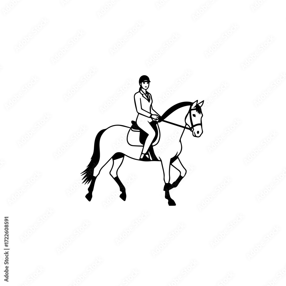 Fototapeta premium Black and white line art of a beautiful woman with perfect body riding horse elegant minimalist illustration
