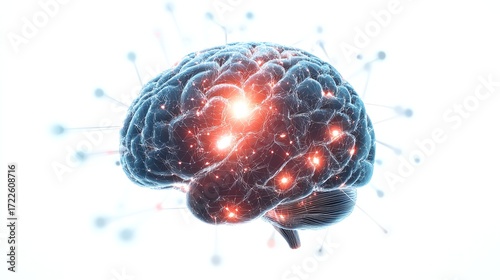 a realistic brain model connected with translucent wires clipart, advanced neural interface theme, photorealistic lighting, isolated on white background