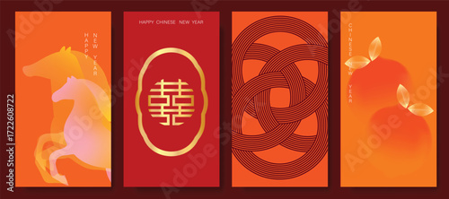 Chinese New Year 2026 hongbao red and orange envelope design vector. Collection of Chinese festival with horse, orange, line. Elegant oriental illustration for ang pao, cover, website, calendar, ads.
